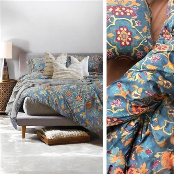 NEW Anthro Blue Damask Boho Queen King Egyptian Cotton Bedding Duvet & Sham Set - Picture 2 of 9